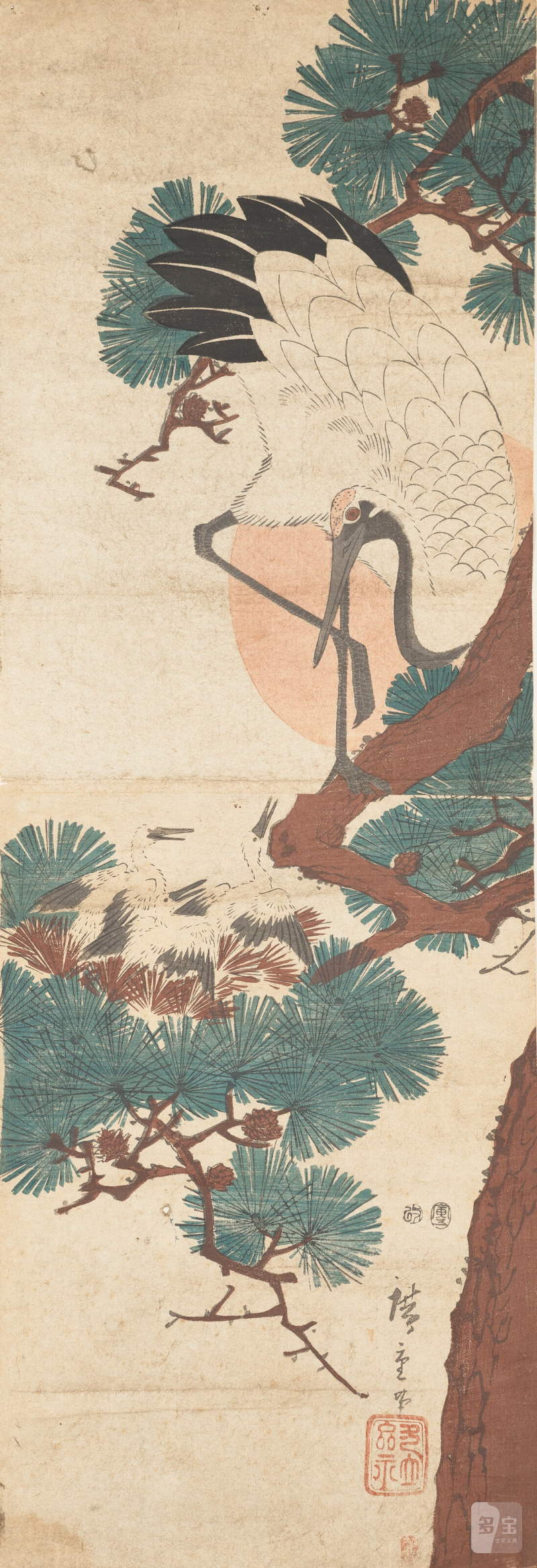 UTAGAWA HIROSHIGE (1797-1858)  Crane on a pine branch with a nest of three young, rising sun in background. - 图1
